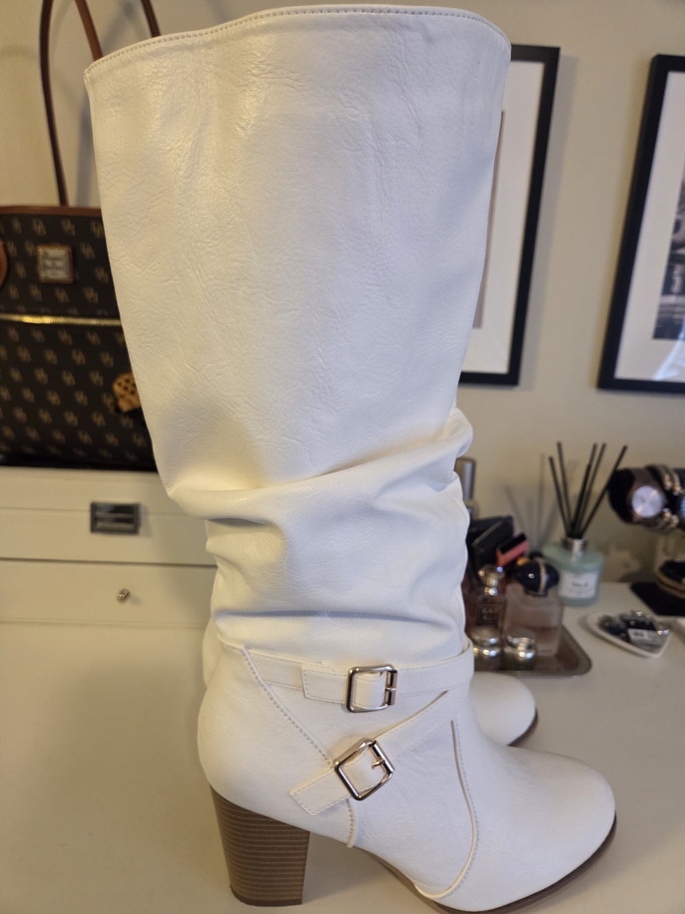 White Mid-Calf Slouch Heel Boots with Double Buckles
